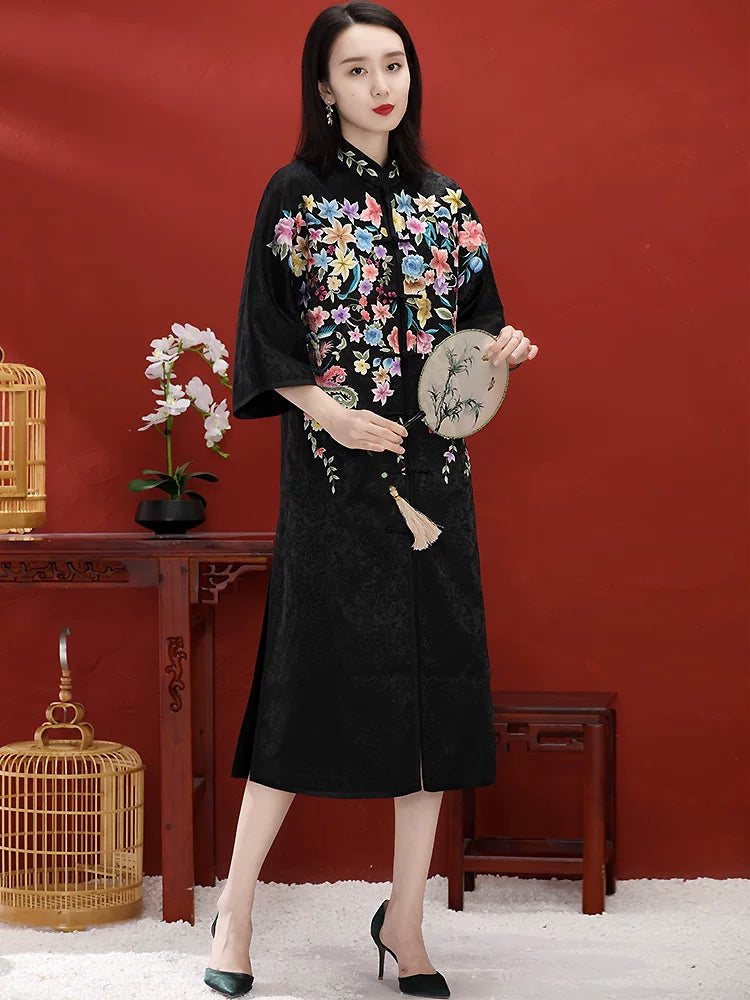Custom Chinese Style Women's Mid-Length Coat with Hand‑Embroidered Button