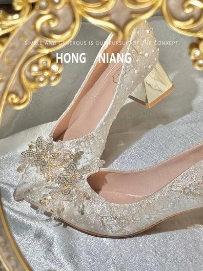 Women's Pointed High Heel Crystal Wedding Shoes, Comfortable Thick Sole