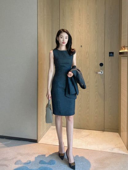 Dark Gray Demi-Season Fitted Dress, Skirt & Jacket Set