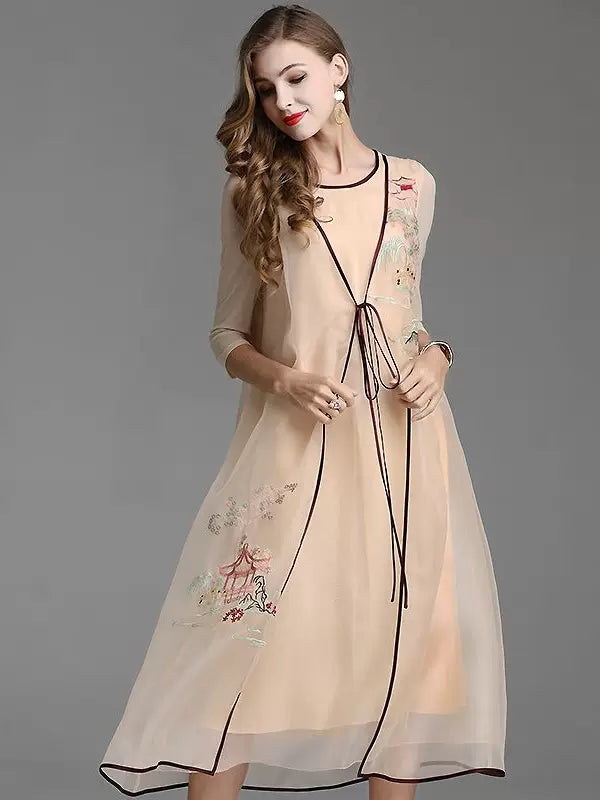 Women's Summer Silk Organza Embroidered Loose Midi Dress