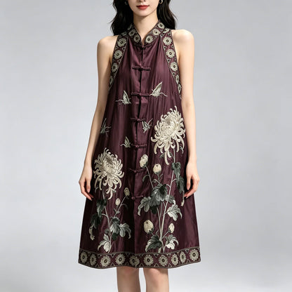 Vintage Chinese Style Tencel Embroidered Mid-Length Plus Size Sleeveless Vest