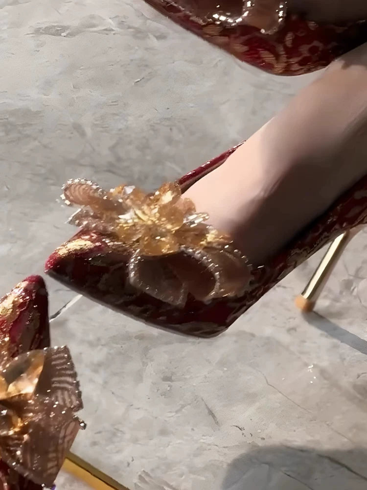 Red Chinese Wedding Shoes With Crystal Rhinestones