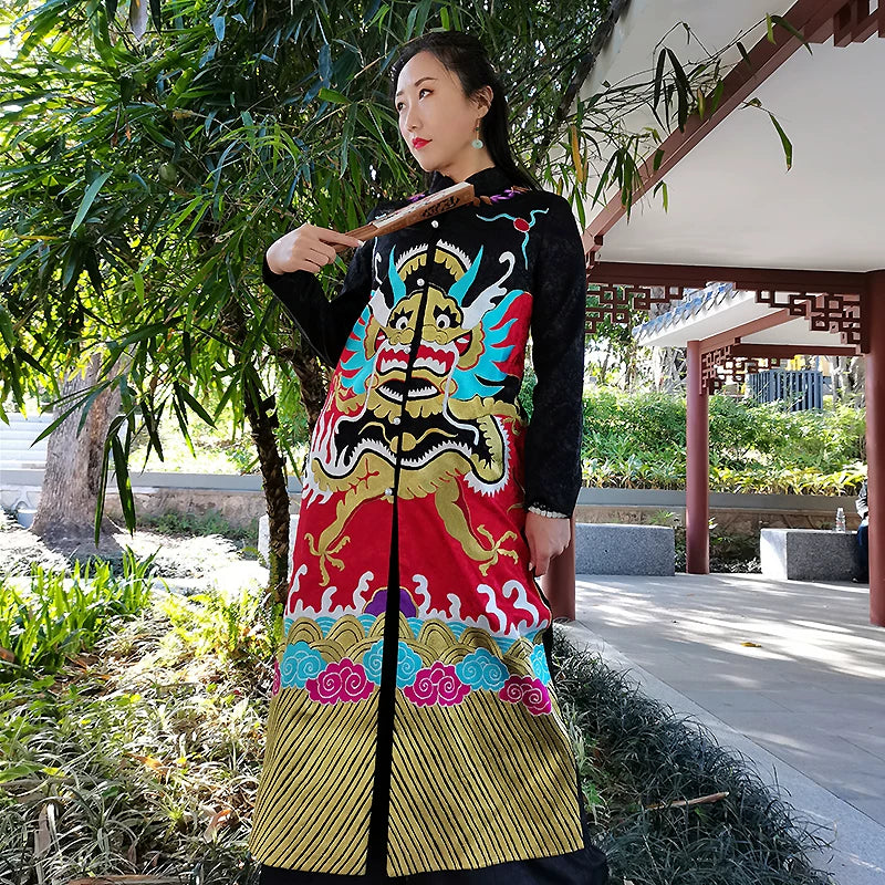 Women's Plus Size Trench Coat Black Hand‑Embroidered Dragon Robe