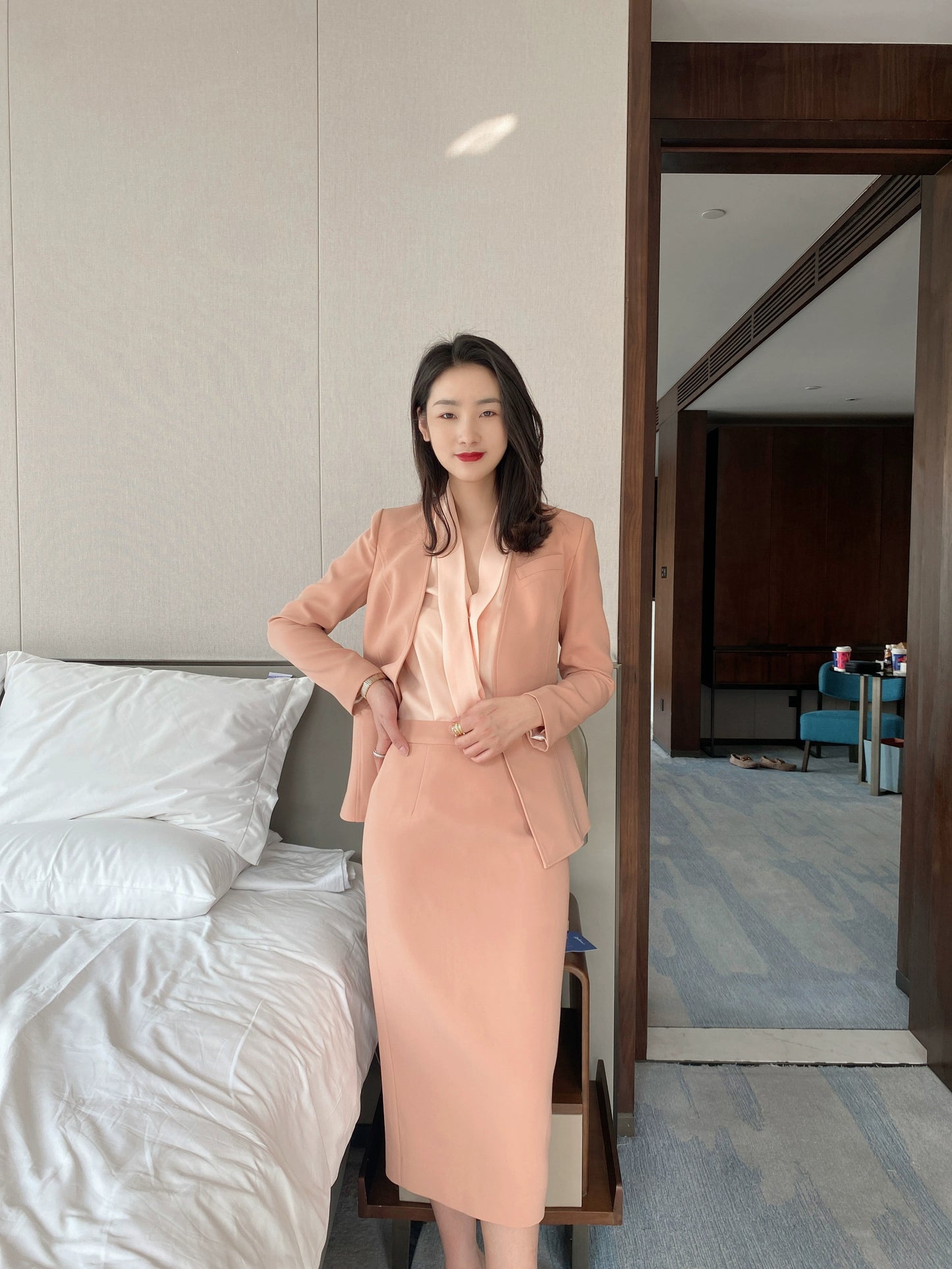 Elegant Spring Autumn Fuchsia Slim-Fit Jacket & Hip-Accented Skirt Set