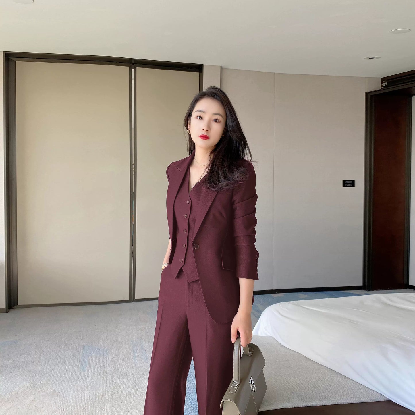 Elegant Winter Suit Set with Red Vest and Trousers