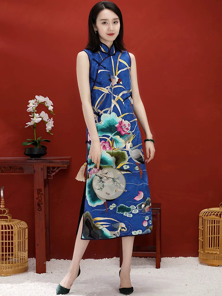 Custom Chinese‑Style Retro Spring Autumn Hand‑Embroidered Plus‑Size Qipao Dress