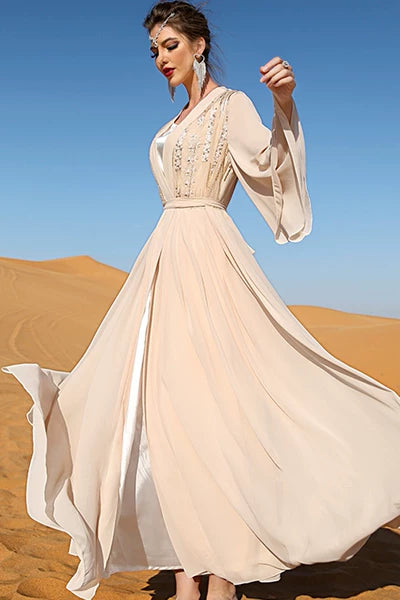 Elegant Autumn Beige Long Shiffon A-Line Dress with Lace Detail