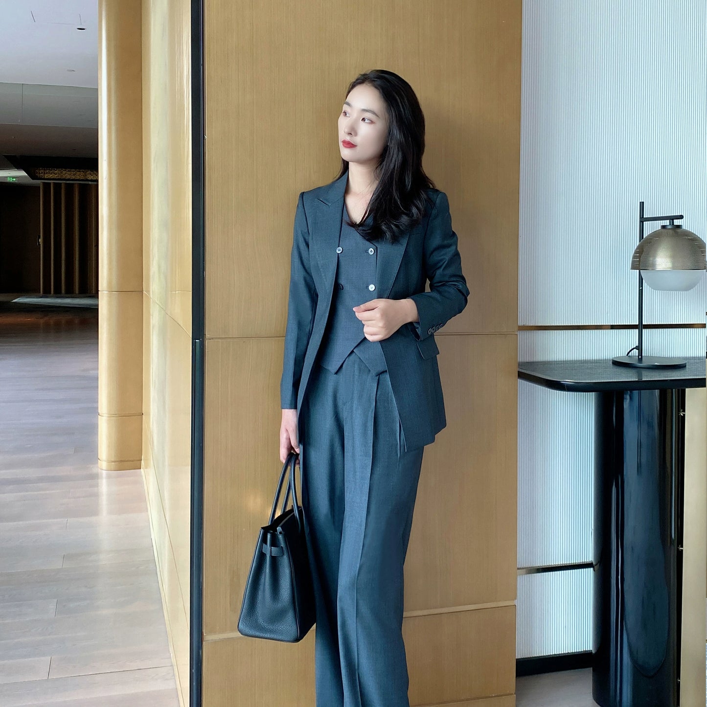 Dark Gray Slim Fit Wool 3-Piece Women's Suit Set