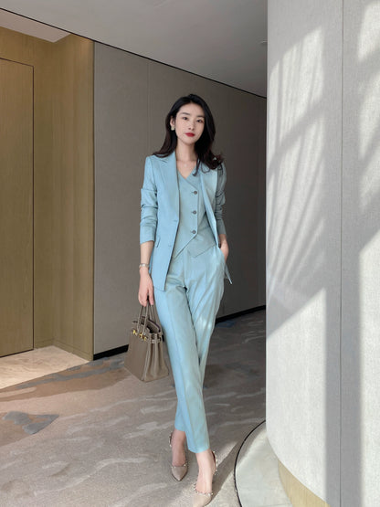 Autumn Slim Fit 3‑Piece Women’s Suit Set in Celadon Blue