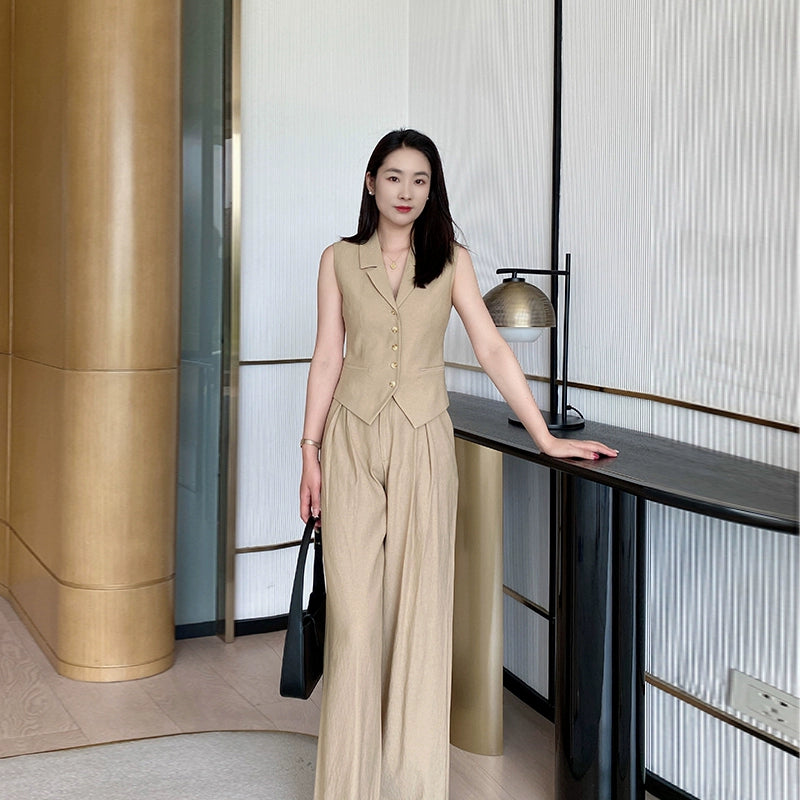 Khaki Summer Slim Vest & Wide-Leg Trousers Set for Women