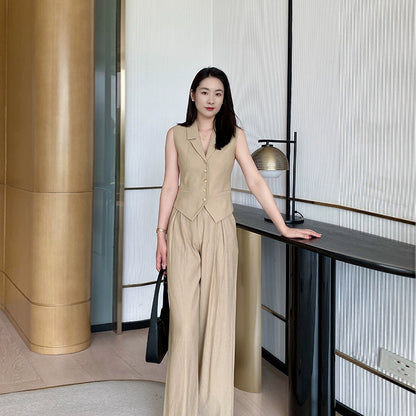 Khaki Summer Slim Vest & Wide-Leg Trousers Set for Women