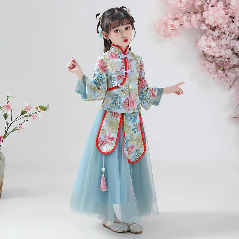 Elegant Chinese Princess Hanfu Dress for Girls - Winter Fleece Long-Sleeve Costume