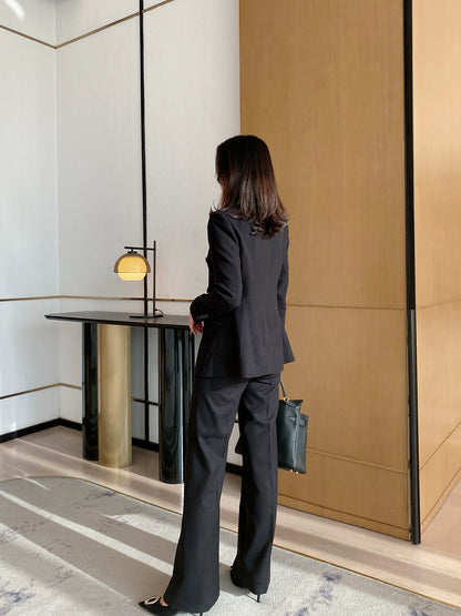 Women's Demi-Season Woolen Suit Jacket & Trousers Set Classic Black