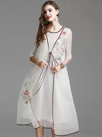 Women's Summer Silk Organza Embroidered Loose Midi Dress