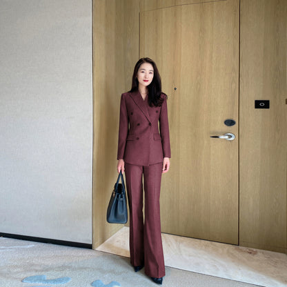 Warm Thickened Herringbone Red Suit with Boot-Cut Trousers