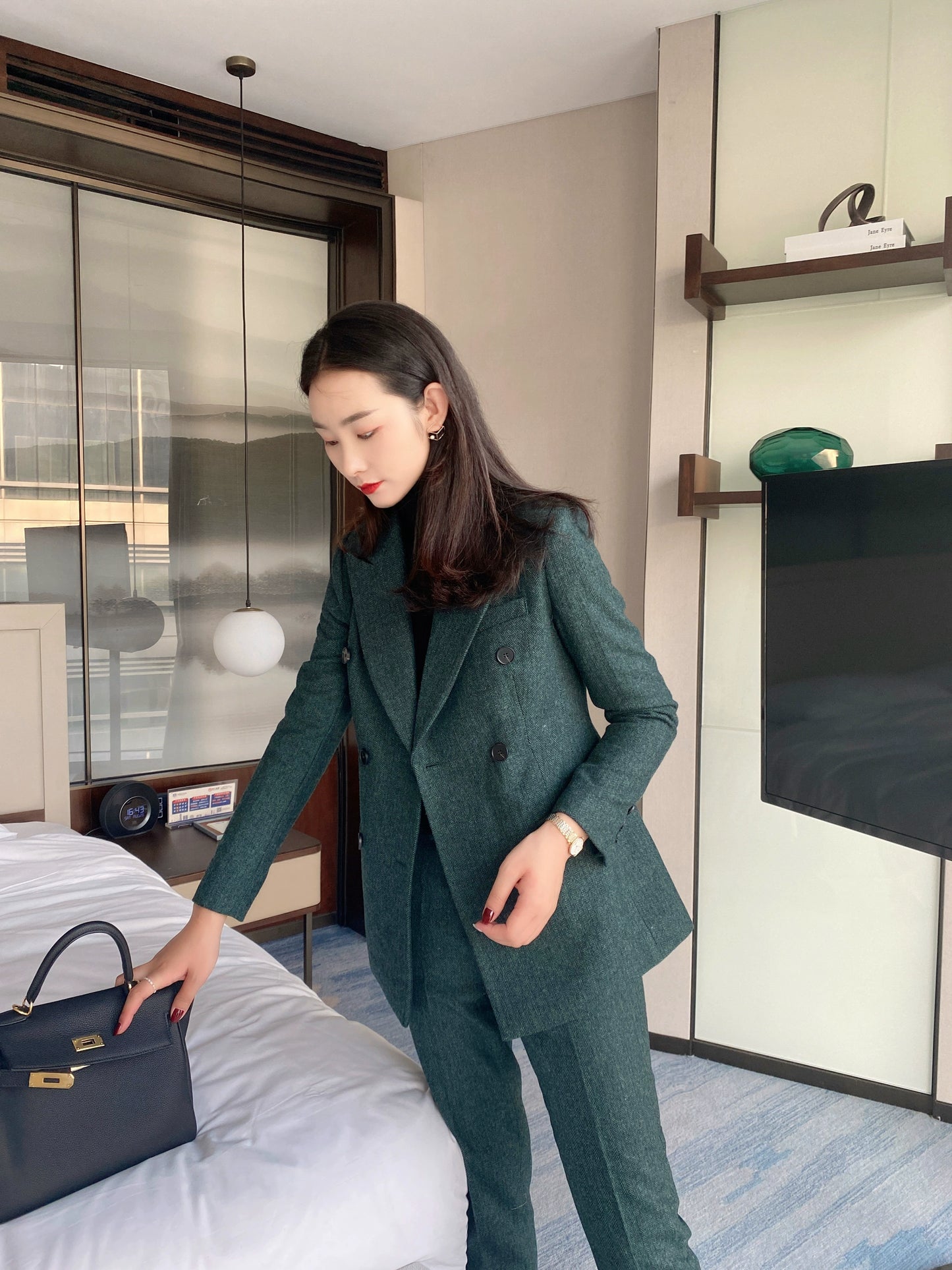 Premium Dark Green Woolen Suit Jacket & Trousers for Women