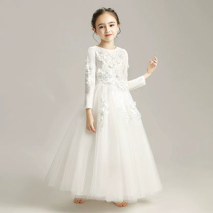 Elegant Princess Flower Girl Dress: Long-Sleeve Fleece Wedding Performance Gown