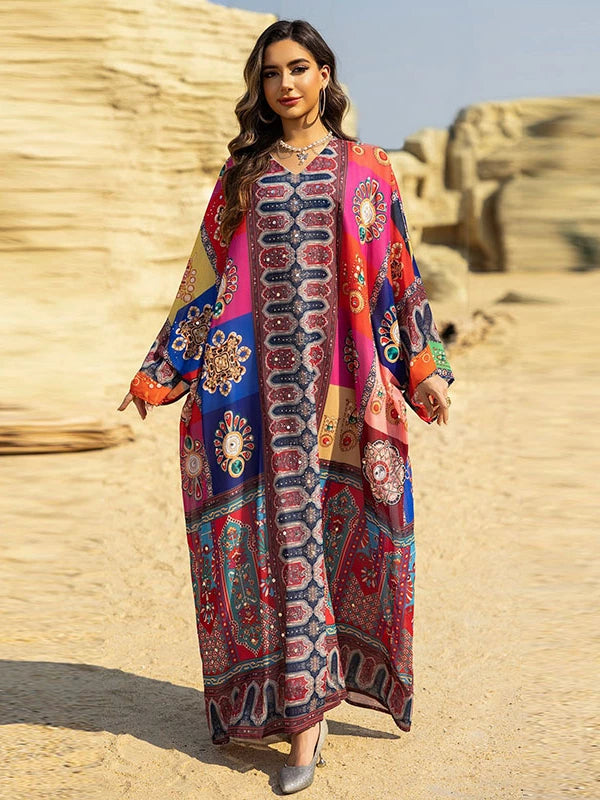 Elegant Ethnic V-Neck Long Skirt Beach Dress Turkish Print