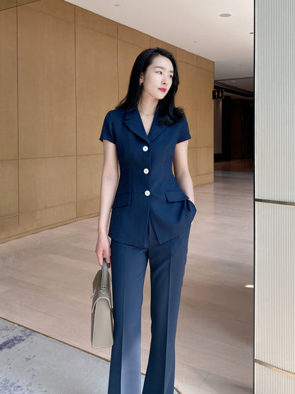 Elegant Summer Suit Set: Short Sleeve Jacket & Flared Trousers