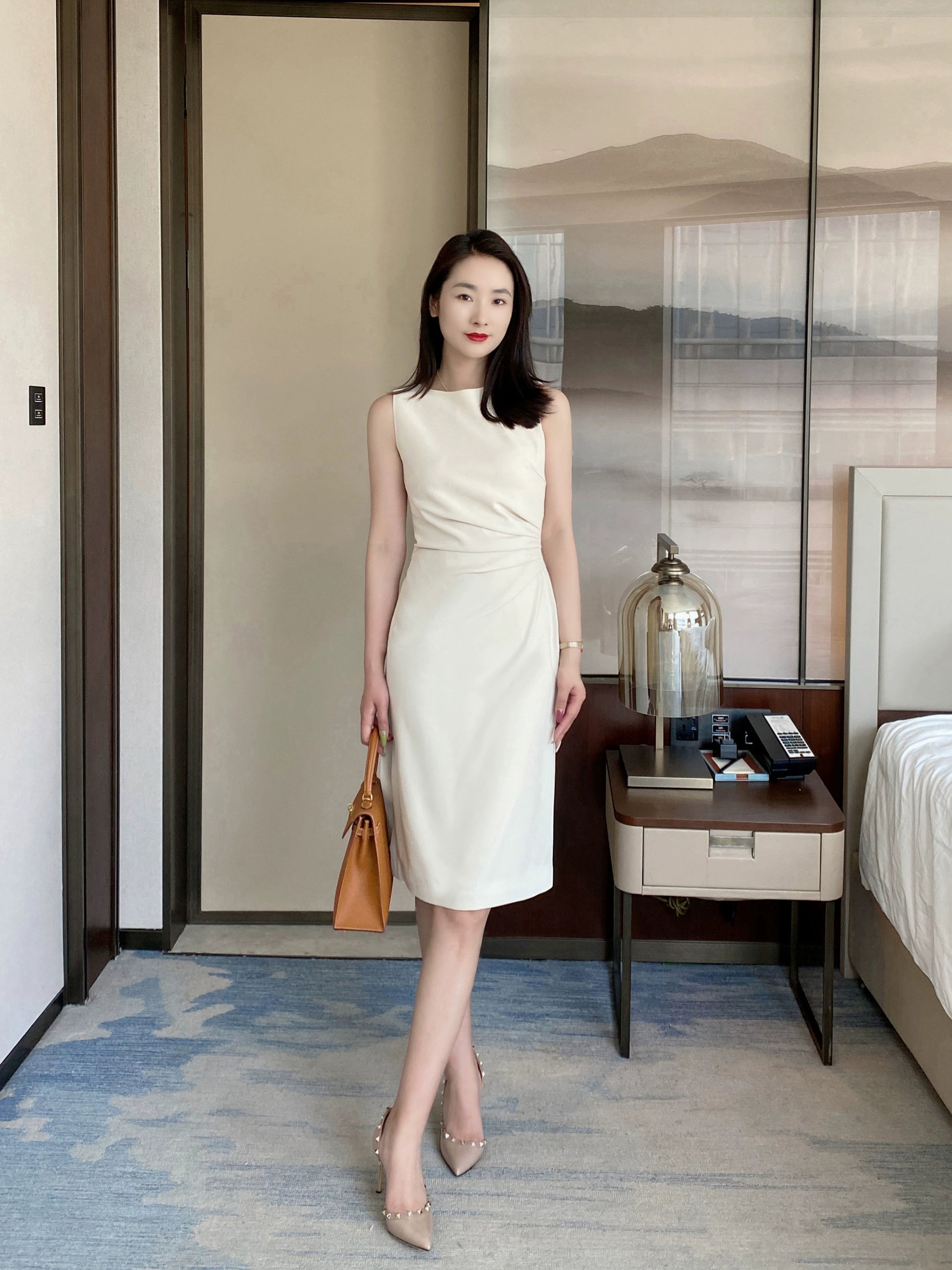 Elegant Off-White Summer Fitted Midi Dress with Hip Detail