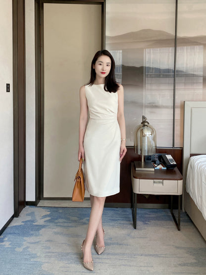 Elegant Off-White Summer Fitted Midi Dress with Hip Detail