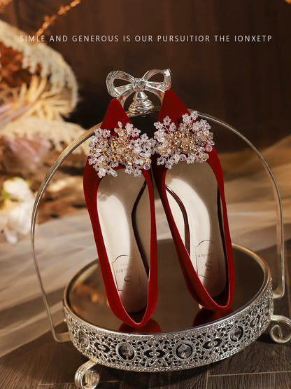 Red Low Heel Wedding Shoes for Brides, Comfortable 3cm