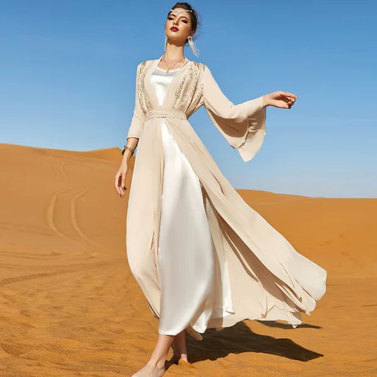 Elegant Autumn Beige Long Shiffon A-Line Dress with Lace Detail