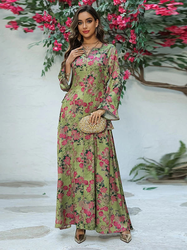 Elegant Ethnic V-Neck Long Dress for Mothers – Floral Print