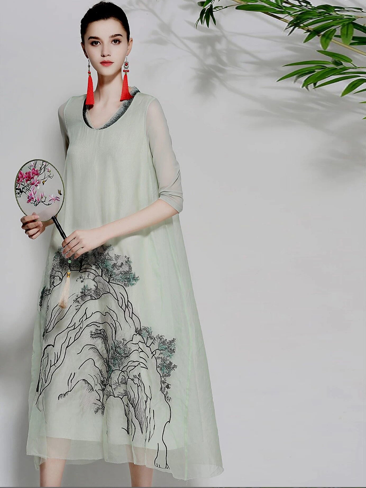 Summer Thin Silk Organza Dress With Landscape Embroidery