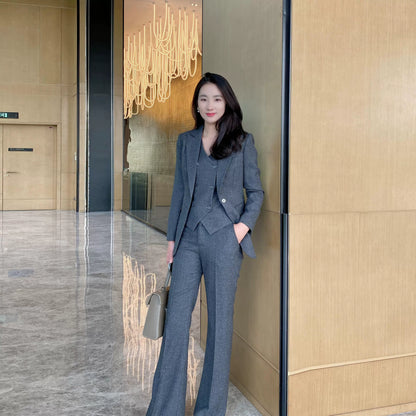 Women's Winter Grey 3‑Piece Classic Suit Set with Thick Jacket