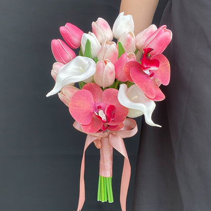 Two bunches of two-in-one simulated flowers, pink tulip calla lily, hand-held flowers, wedding certificate and graduation photo