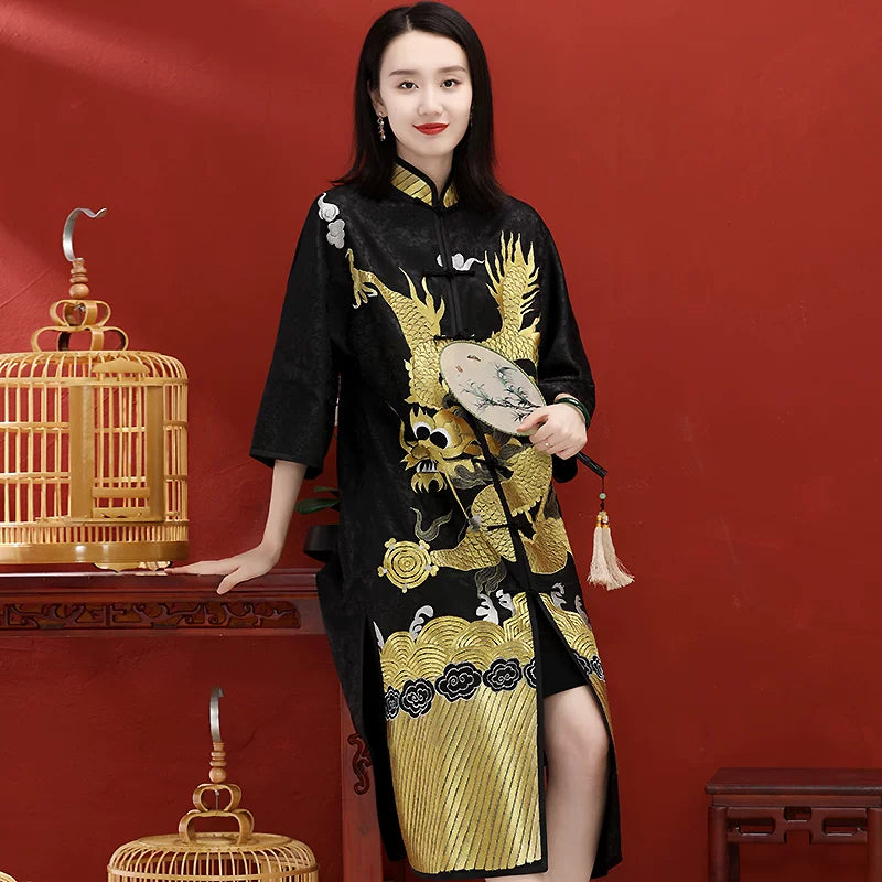 Mid-Length Women's Chinese-Style Coat Hand-Embroidered Gold Dragon Black