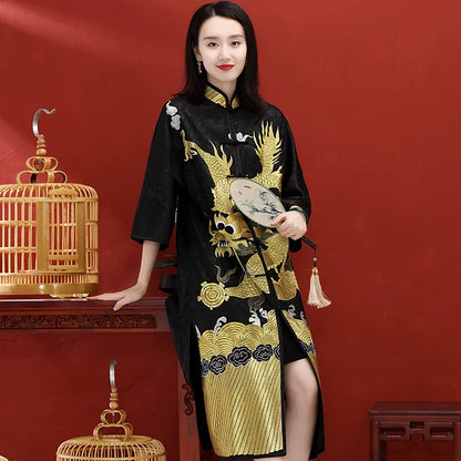 Mid-Length Women's Chinese-Style Coat Hand-Embroidered Gold Dragon Black