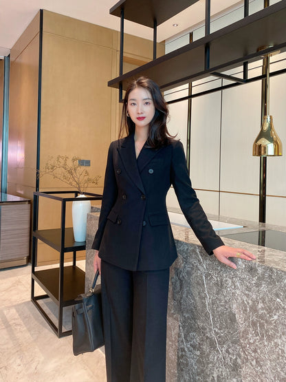 Women's Demi-Season Woolen Suit Jacket & Trousers Set Classic Black