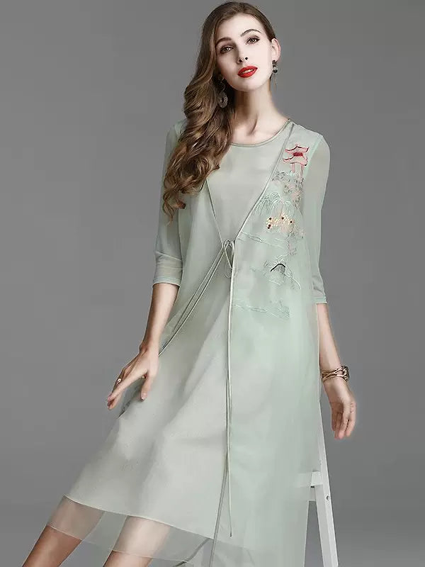 Women's Summer Silk Organza Embroidered Loose Midi Dress