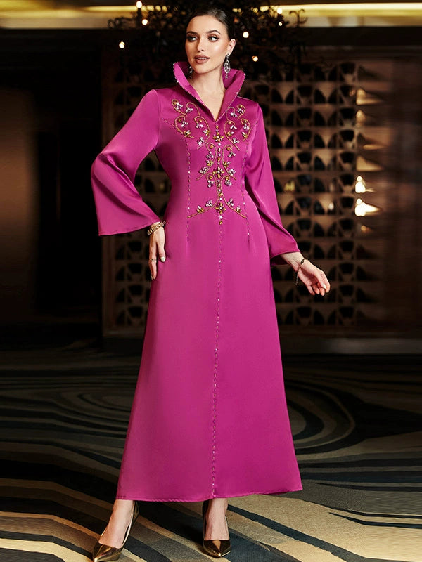 Elegant Rose Pink Long Evening Dress with Crystal Embroidery