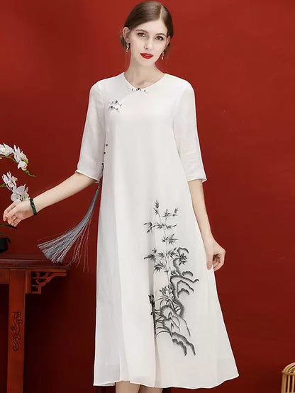 Women’s Summer Retro Cheongsam Dress Embroidered Round Neck