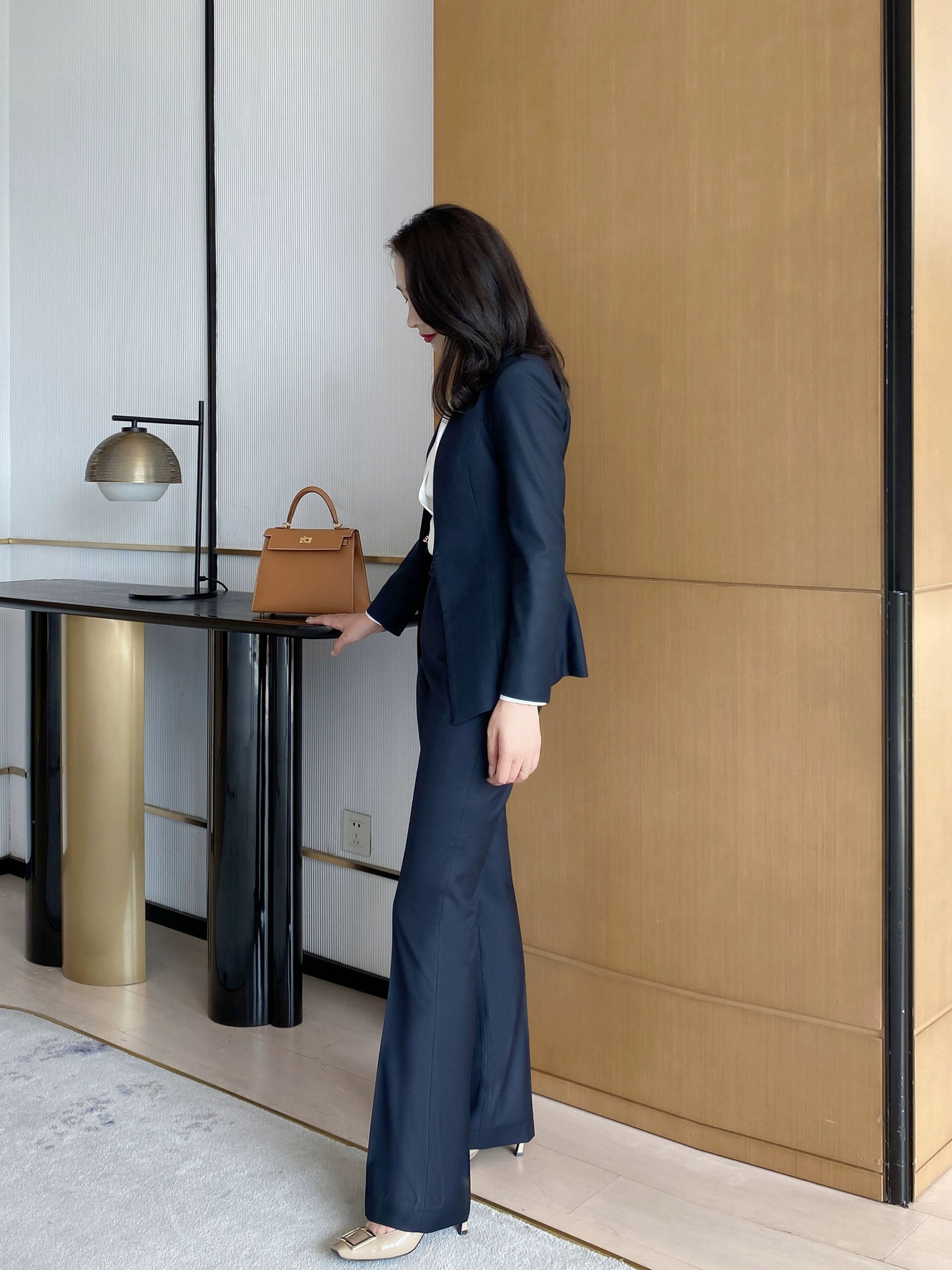 Women's Black Autumn Wool Suit Set with Flared Trousers