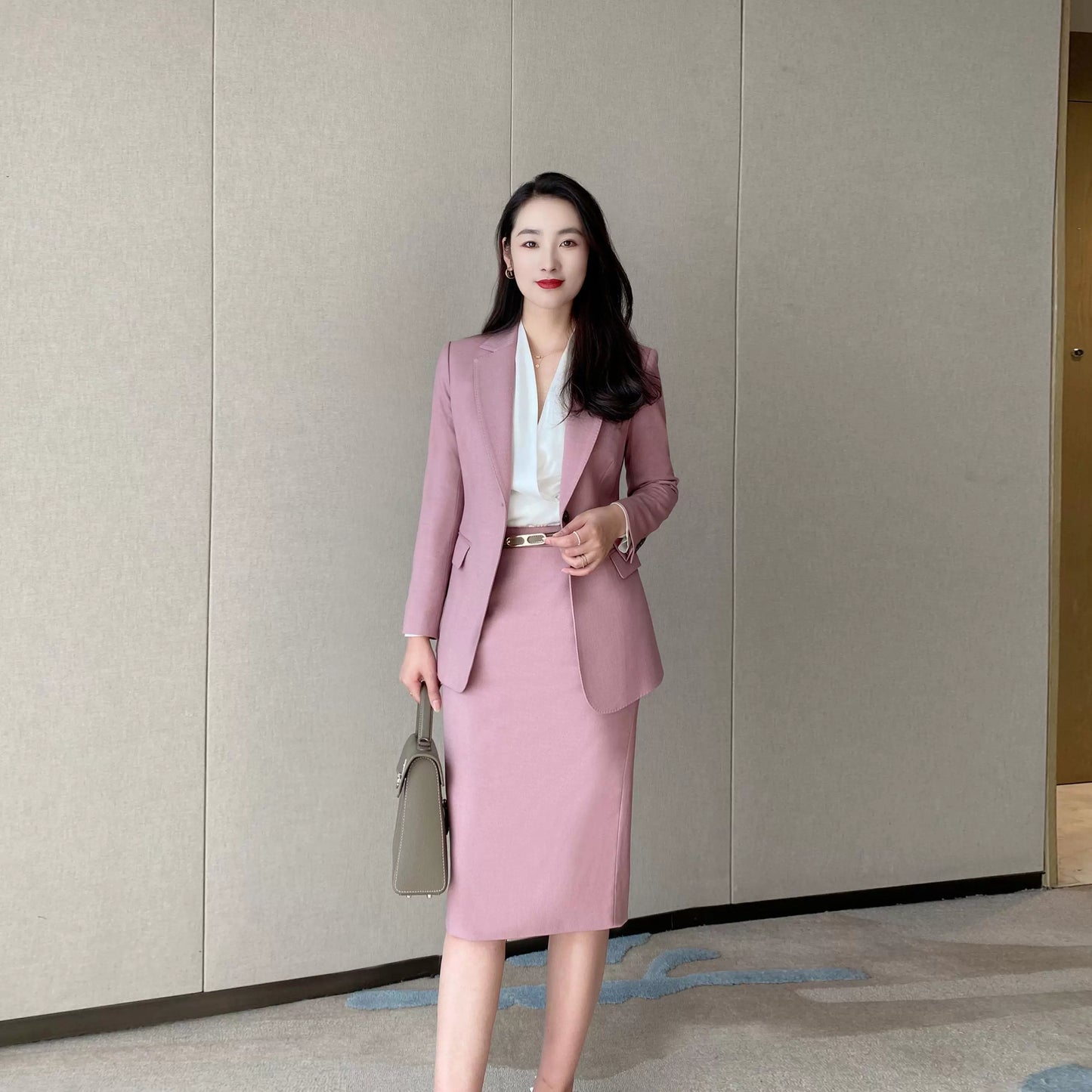 Iceberry Pink Autumn Classic Suit with Fitted Jacket Skirt