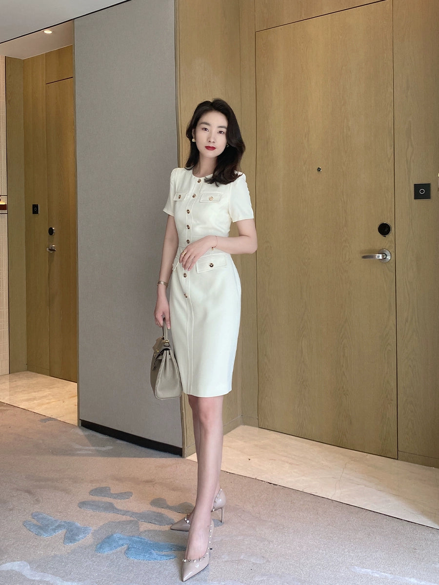 Summer White Fitted Short Sleeve Dress with Waist Belt