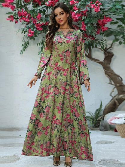 Elegant Ethnic V-Neck Long Dress for Mothers – Floral Print