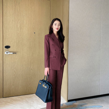 Warm Thickened Herringbone Red Suit with Boot-Cut Trousers