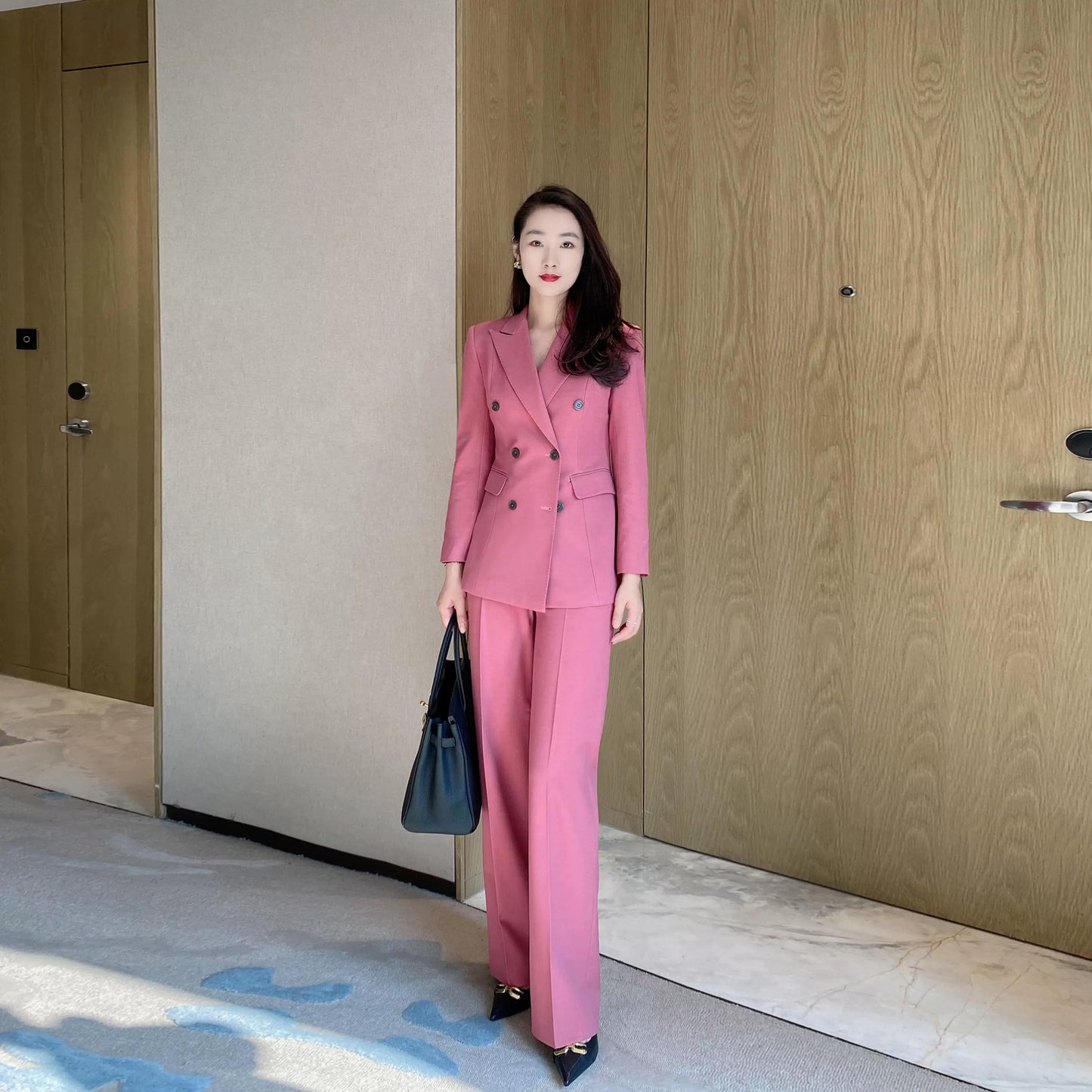 Elegant Fuchsia Spring Blazer and Wide-Leg Pants Set