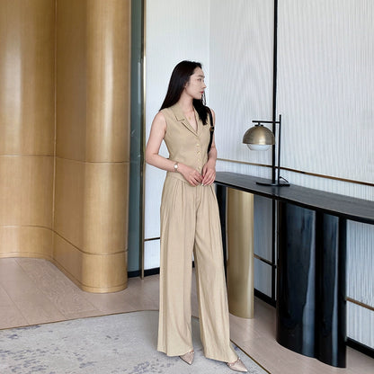 Khaki Summer Slim Vest & Wide-Leg Trousers Set for Women