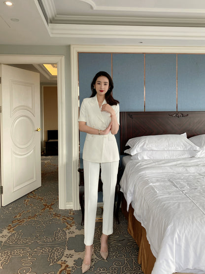 Elegant White Pearl Polyester Summer Suit Jacket with Short Sleeve