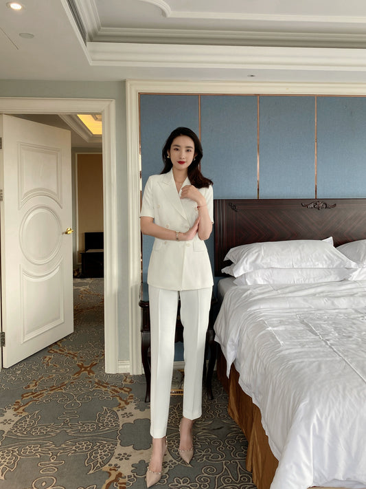 Elegant White Pearl Polyester Summer Suit Jacket with Short Sleeve