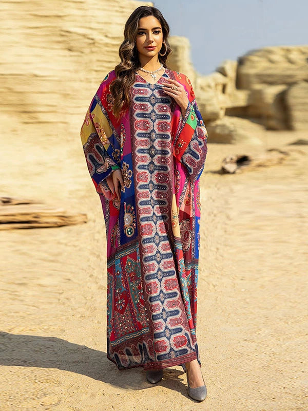 Elegant Ethnic V-Neck Long Skirt Beach Dress Turkish Print