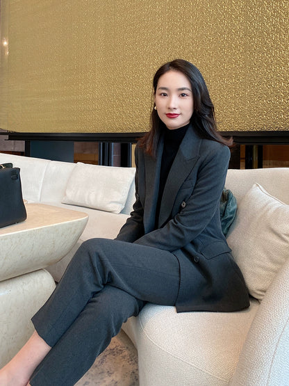 Blue Gray Demi-Season Classic Women's Suit Jacket & Trousers