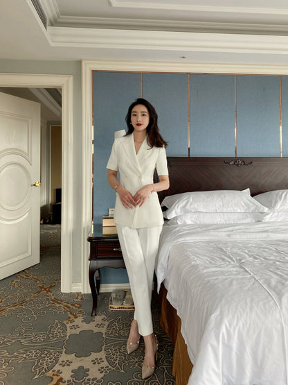 Elegant White Pearl Polyester Summer Suit Jacket with Short Sleeve