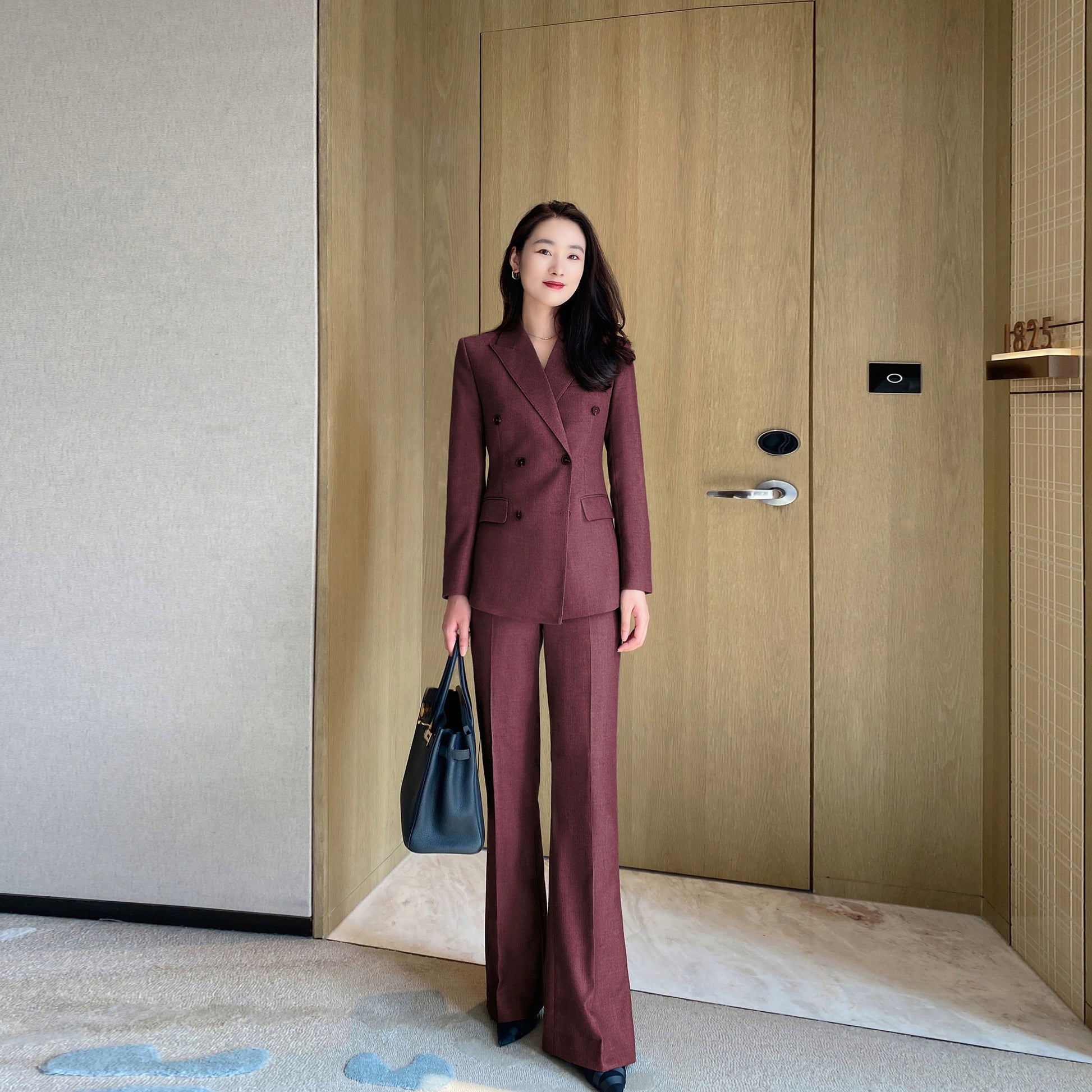 Warm Thickened Herringbone Red Suit with Boot-Cut Trousers